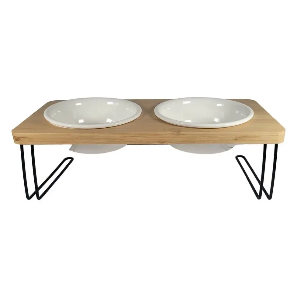 Elevated Bamboo Dog Bowl Stand with White Bowls